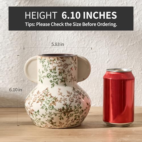 Emotionally Grounded Vase, Vaseking Ceramic Rustic Vase with Handle, 5.63 inch Pastoral Decorative Farmhouse Vases for Home Decor, Living Room, Enterway, Table Decoration, Green and Beige - color: 18589-green and Beige