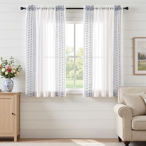 jinchan Floral Linen Sheer Boho Curtains 63 Inch Rod Pocket 2 Panels Blue - color: Boho Blue on White, size: 55"W x 63"L (Pack of 2)