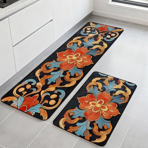 Kitchen Rugs Set of 2, Non-Slip Washable Floor Mats, Colorful Decorative Absorbent Runner Rugs for Kitchen Sink & Stove, Hallways Entryway and Laundry16.9 x27.6 + 16.9"x47.2" - color: Color-5