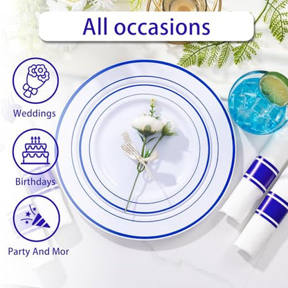 WELLIFE 350 Pieces Blue Plastic Plates - Disposable Silverware and Cups, Include: 50 Dinner Plates 10.25”, 50 Dessert Plates 7.5”, 50 Blue Cups 9 OZ, 50 Plastic Cutlery - color: Blue, style: 350PCS（50 Guests）