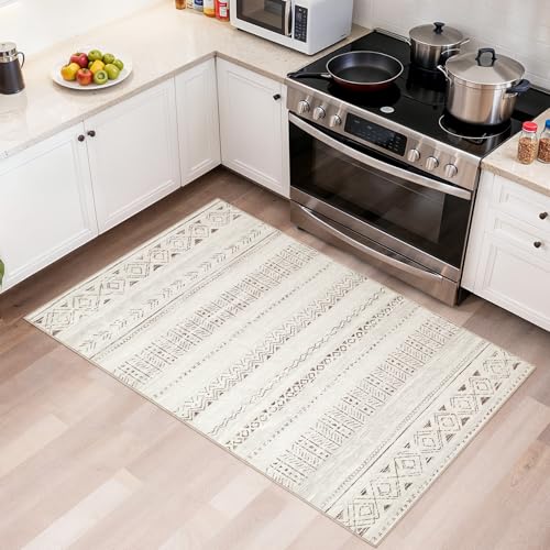 cotiled Washable 3x5 Entryway Rugs: Boho Moroccan Soft Small Rug - color: Light Brown/Cream, size: 3' x 5' (Rectangular)