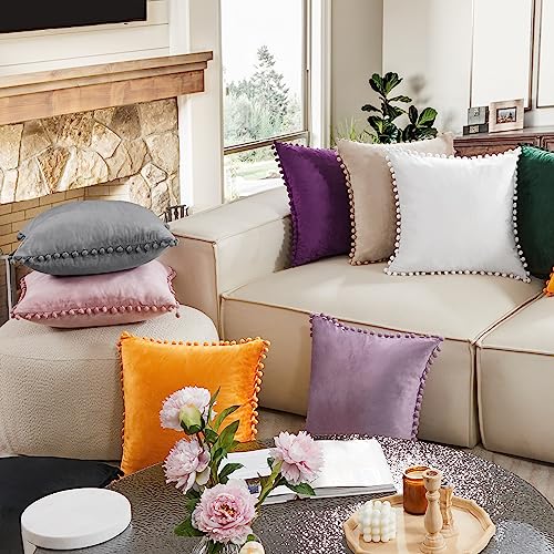 Deconovo Velvet Pom Pom Throw Pillow Covers for Couch, Invisible Zipper - color: Mustard Yellow, size: 24" x 24" (Pack of 2)