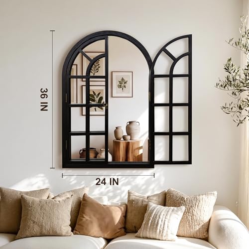 Arched Wood Mirror for Wall, 24" x 36" Rustic Farmhouse Mirror, Black - size: 36"L x 24"W