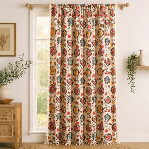 VOGOL Boho Mandala Print Curtains, Linen Textured Fabric, 59 x 94, 1 Panel - color: *Boho Red, size: 59"W x 94"L (Pack of 1)