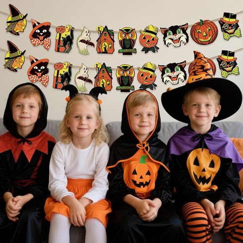 L1rabe Vintage Halloween Hanging Banners - Retro Wooden Hanging Ornaments