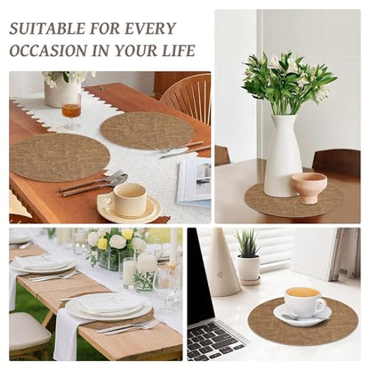 13" Round Placemats Set of 6, Reversible Faux Leather Wipeable Table Mats - color: Light Brown