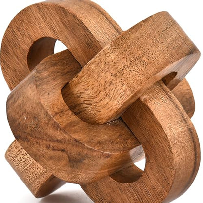 Tassels Acacia Wood 3 Link Wooden Knot Hand Carved Wooden Chain Links for Coffee Table Décor (4" X 4" X 4")
