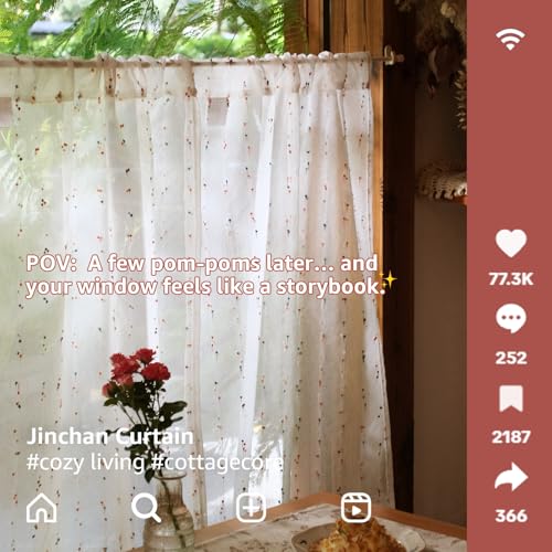 jinchan Colorful Pom Pom Voile Kitchen Tier Curtains 24 Inches 2 Panels - color: Dottie Blush Meadow, size: 26"W x 24"L (Pack of 2)