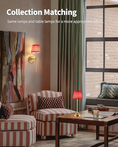 KDG Gold Cordless Wall Sconces Set of 2, Red Fabric LED Wall Lamps - color: Gold + Red Lampshde (2 Pack)