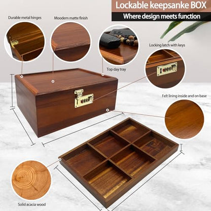 Large Acacia Wooden Storage Box with Hinged Lid and Combination Lock Decorative Boxes with Removable Tray Memory Box Keepsake Chest Stash Boxes Lockable Chest for Jewelry Accessories Treasured Items - style: Code Lock with grid tray