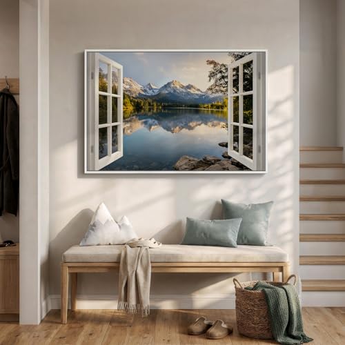 Framed Window Nature Scenic Landscape Wall Art for Living Room, 24x36 Inch - color: White Blue, size: 36"L x 24"W