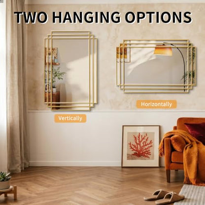 36"x24" Rectangle Beveled Wall Mirror with Gold Geometric Frame - color: Gold, size: 36"L x 24"W