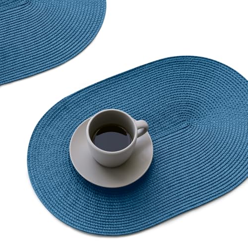 FunWheat Oval Braided Placemats Set of 6 Table Mats for Dining Tables Washable Heat Resistant Place mats for Daily Use12 x17.5 Inch (Oval Blue, 6pcs) - color: Blue, size: 6pcs