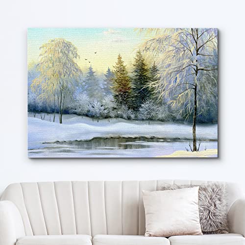 wall26 Canvas Print Wall Art Winter Forest Landscape with Frozen Lake Nature Wilderness Illustrations Modern Art Rustic Scenic Colorful Multicolor for Living Room, Bedroom, Office - 12"x18" - color: Artwork - 12, size: 18"L x 12"W