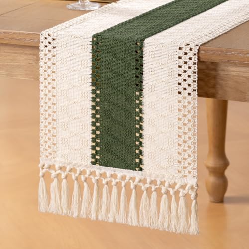 Boho Macrame Table Runner Ivory Olive Burlap Small Dresser Runner - color: Olive and White, size: 12" × 48"