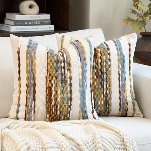 Aeckself Boho Pillow Covers 18x18 Inch Set of 2, Farmhouse Decorative Striped Square Chenille Tufted Accent Neutral Throw Pillow Covers for Living Room Couch Bed, Orange White - color: Orange White