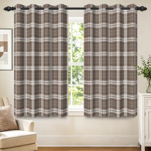 Brown Beige Plaid Blackout Curtains 2 Panels, Rustic Vintage Checkered Room Darkening Curtains 63 Inches Long, Neutral Farmhouse Cottage Gingham Window Drapes for Living Room Bedroom, 52" x 63" - color: Gingham - Brown, size: 52"W x 63"L (Pack of 2)