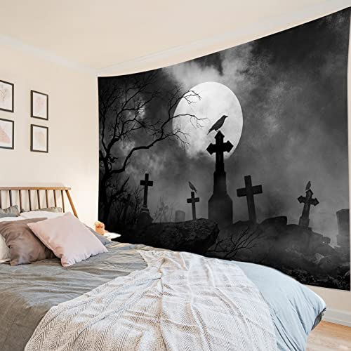 HVEST Halloween Tapestry Full Moon Black Crow Tombstone Dead Tree Tapestry for Bedroom, Scary Grey Cemetery Forest Wall Decor Blanket Home Holiday Living Room Decorations, 59W X 51H Inches - color: Black, size: 51"L x 59"W