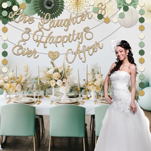 Bridal Shower Decorations,Sage Green Bridal Shower Decorations Includes Love Laughter Happily Ever After Decorations Paper Flower Ball Wedding Decorations for Home Party Bachelorette Party Decorations - style: Green