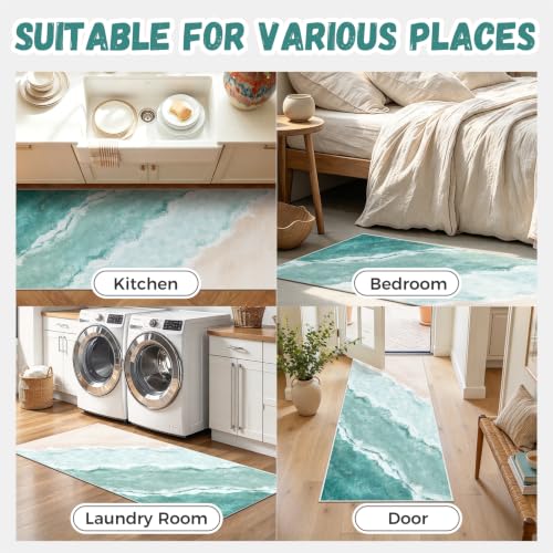 Beach Pattern 2x5ft Runner Rug Non Slip Washable Kitchen Runner Rug with Rubber Backing，Low-Pile Soft Washable Runner Rugs for Hallway Entryway Kitchen Bedroom Bathroom - color: Teal Beach, size: 2' x 5' (Rug)