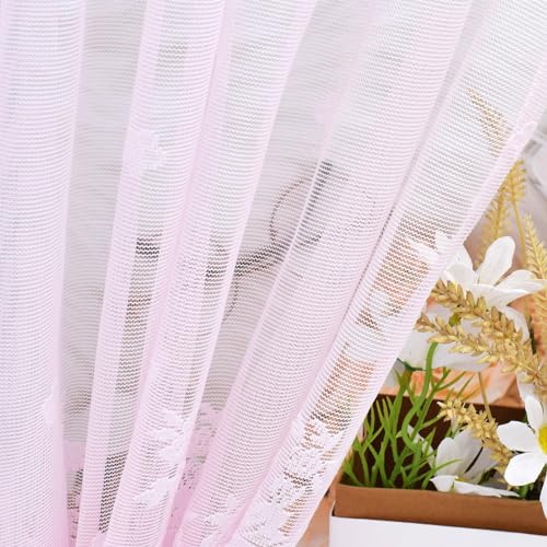 Molaxhome Kitchen Curtains Valance Pink Lace Floral Semi Sheer Curtain - color: Pink, size: 54"W x 35"L (Pack of 1)