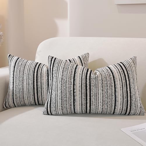 Chenille Throw Decorative Pillow Covers 20x12 Set of 2, Textured Striped Boho Couch Pillow Covers, Cozy Neutral Farmhouse Cushion Cover for Couch Sofa Bedroom Living Room, Black - color: Black Stripe, size: 20" x 12" (Pack of 2)