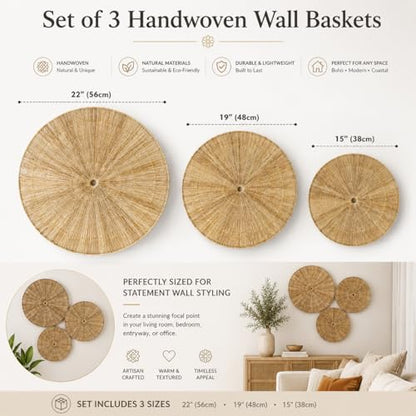 PEMAR Handwoven Jute Wall Hanging Baskets, Set of 3 Round Woven Wall Decor (22", 19", 15"), Decorative Wall Accents for Living Room, Bedroom and Entryway