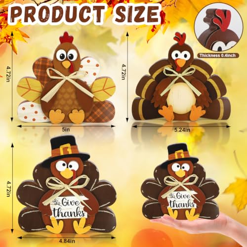3 Pcs Thanksgiving Decorations for Home Wooden Turkey Table Centerpiece Rustic Wood Signs Block Harvest Tabletop Fall Decor Indoor Tiered Tray Office Desk Shelf Mantel Kitchen Autumn Party Supplies
