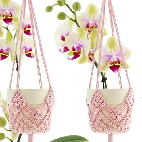 2 Pack Macrame Hanging Planters, Pink - color: Pink