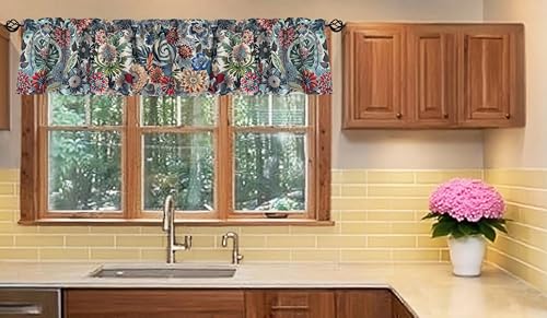 Bohemian Floral Dahlia Scroll Paisley Window Valance 52x16 Inches - color: Dahlia-gray