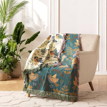 LUTBM Boho Throw Blanket for Couch 50"x60", 100% Cotton Soft Bed Blankets - color: Animal-bird-a, size: 50"×60"