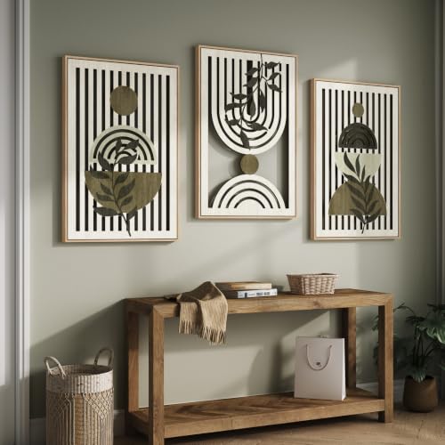 Large Framed Boho Cutout Carved Wood Wall Art for Living Room, 24x36 Inch - color: Olive Green