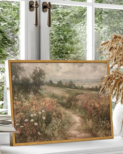 KBKBART Framed Canvas Wall Art Landscape Nature Country Wildflower Painting - color: Countryside Wildflower, size: 24"L x 16"W