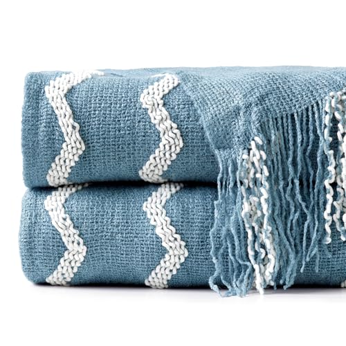 BOURINA Knitted Throw Blanket Boho Chenille Outdoor Blanket,Blue 50x60Inch - color: A-blue, size: 50"×60"