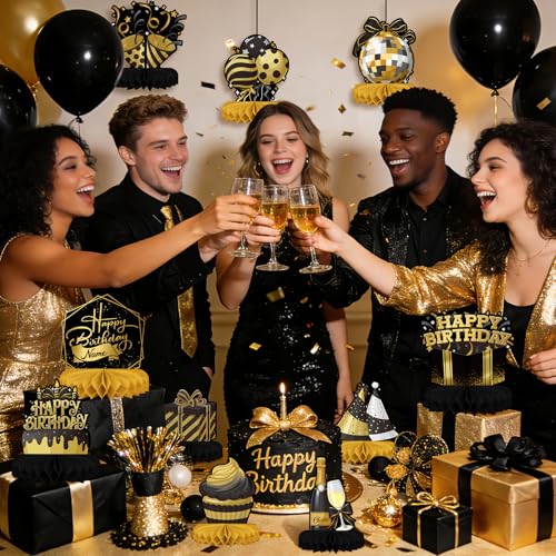 Happy Birthday Decorations Set - Black and Gold Birthday Themed Honeycomb Centerpiece, Table Decoration for Women Men Black and Gold Party Decorations - style: Black Birthday