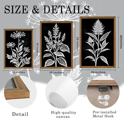 AVECCO 3 Pieces Black White Botanical Wall Art Canvas Framed 20x30 Inch - color: Dark, size: 30"L x 20"W