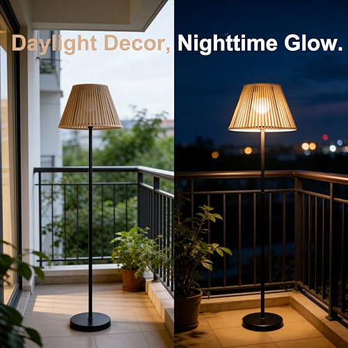 Solar Outdoor Floor Lamp with Rattan Shade, Adjustable Height