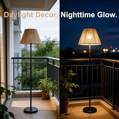 Solar Outdoor Floor Lamp with Rattan Shade, Adjustable Height