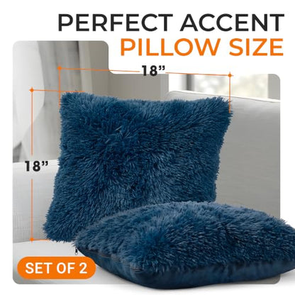 Cheer Collection Throw Pillows for Couch and Bed, Soft Shaggy Throw Pillows with Inserts Included, Cozy Long Hair Faux Fur Pillows - Set of 2-18" x 18" - Navy Blue - color: Navy Blue, size: 18 x 18-Inch
