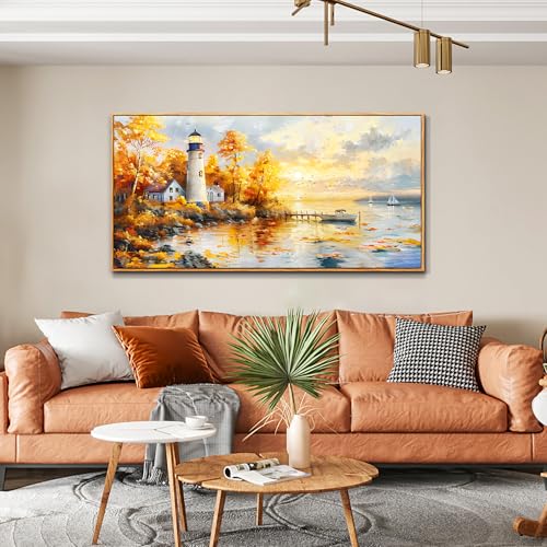 Large Framed Sunset Beach Canvas Wall Art Boat Lighthouse Seascape Painting - color: Lighthouse Painting Wood Framed, size: 48"L x 24"W