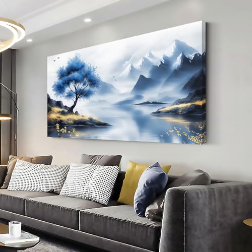 Blue Tree Lake Wall Art for Living Room Canvas Painting Prints Beautiful Mountain Lakeside Landscape White Nature Artwork Office Bedroom Family Room Decor Large - color: Yellow and Blue Wall Art(k826), size: 46L" x 23W"
