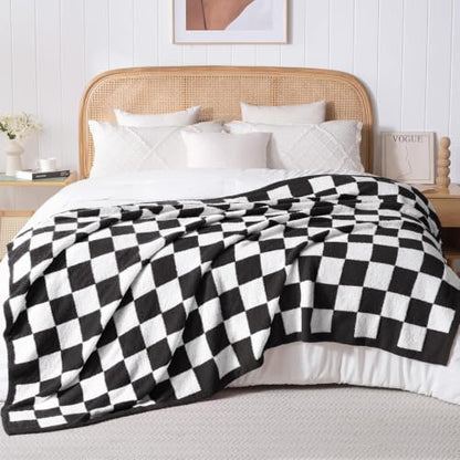 Exclusivo Mezcla Checkered Knit Blanket Twin Size for Bed, Black - color: Black, size: Twin (60"x80")