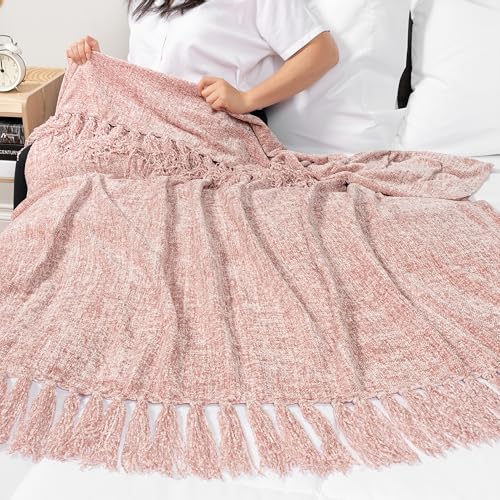 PAVILIA Chenille Throw Blanket, Knit Sofa Couch Tassel Throw, Pink 50x60 - color: Blush Pink, size: 50 X 60 Inches - Throw