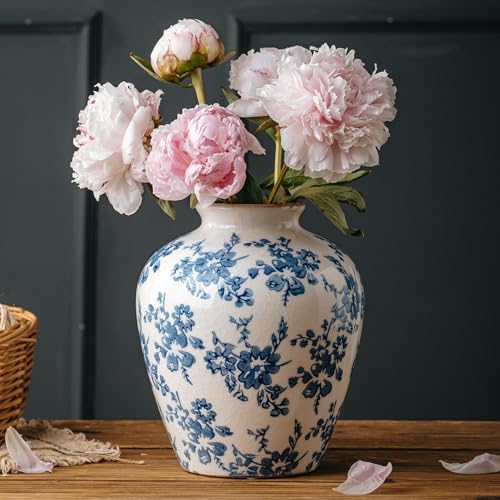 Blue and White Vase, 8 Inch Vintage Chinoiserie Ceramic Vase, Rustic Flower Vases Decorative Antique Vases for Home Decor, Retro Ice Cracked Porcelain Farmhouse Table Centerpieces Decor - color: Blue & White, size: Round