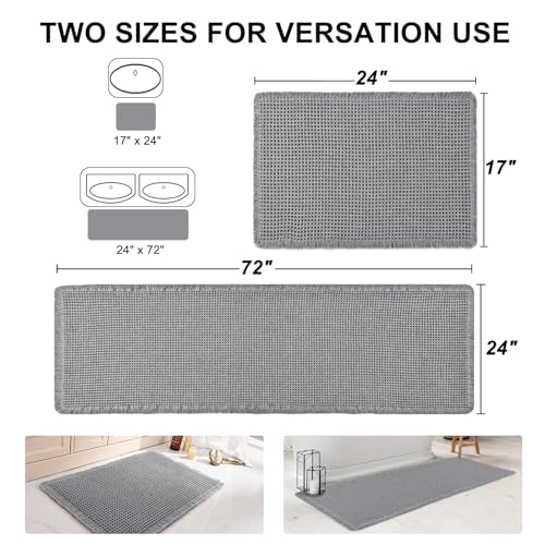 Luxury Waffle Bath Mat, Super Absorbent Non Slip Bathroom Rugs, Boho Ultra Soft Comfort Machine Washable Quick Dry Floor Mats with Tassels (Grey, 17" x 24" + 24" x 72") - color: Grey, size: 17" X 24" + 24" X 72"