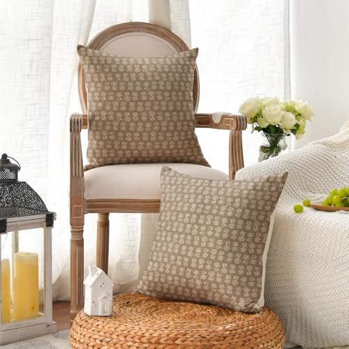 AVOIN colorlife Vintage Floral Boho Throw Pillow Covers Set of 2, 16 x 16 Inch Modern Farmhouse Bohemia Flowers Tan Taupe Cushion Case Decoration for Sofa Couch Living Room Bedroom - color: Tan Taupe, size: 16" x 16" (Pack of 2)