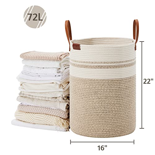 VIPOSCO 72L Tall Woven Rope Laundry Hamper, Leather Handles, Brown & White - color: Brown & White, size: 72L