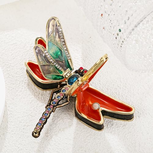 Hand Painted Enamel Dragonfly Hinged Trinket Box, Unique Mini Ring Necklace Jewelry Organizer, Classical Antique Bejeweled Storage, Figurine Collectible Keepsake Home Decor (Dragonfly)