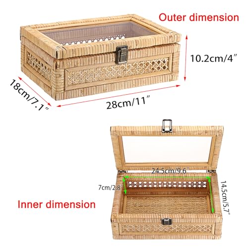Hipiwe Rattan Display Box with Clear Lid Rectangular Wicker Storage Basket - color: Natural Color, size: Small,11"x7.1"x4"