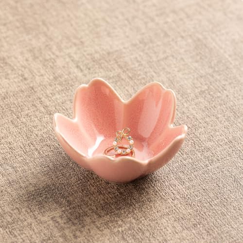 Flower Ceramic Jewelry Dish, Floral Ring Holder Tray - color: pink